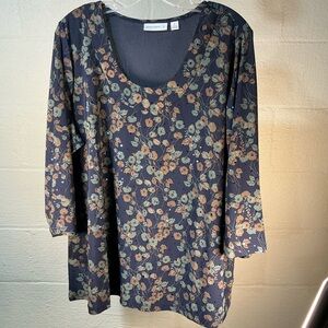 Susan Graver Women's Floral Long Sleeve Top - Navy and Green Plus Size 1X  NWOT